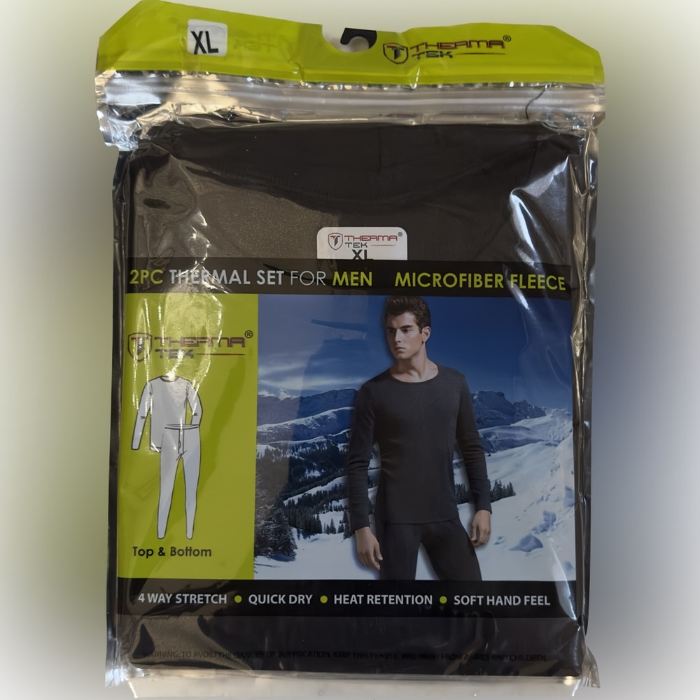 Thermal Underwear Black 2-Pc Set Microfiber Fleece Moisture-Wicking